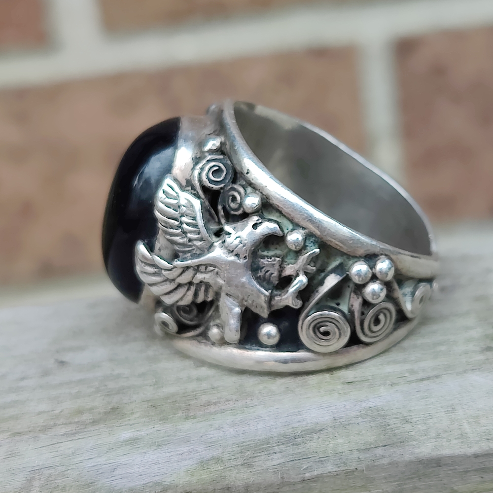 Massive Vintage Men's Sterling Silver Black Onyx Eagle Native American Ring - Picture 8 of 12